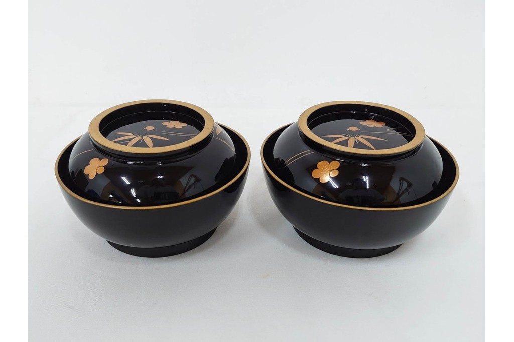 大正期　木製漆器　竹梅文・紅葉文　蒔絵が上品な菓子椀9点セット　外箱付き　(R-090420)