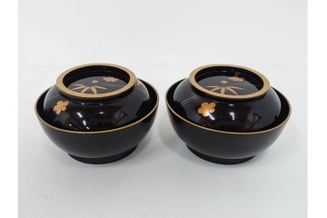 大正期　木製漆器　竹梅文・紅葉文　蒔絵が上品な菓子椀9点セット　外箱付き　(R-090420)
