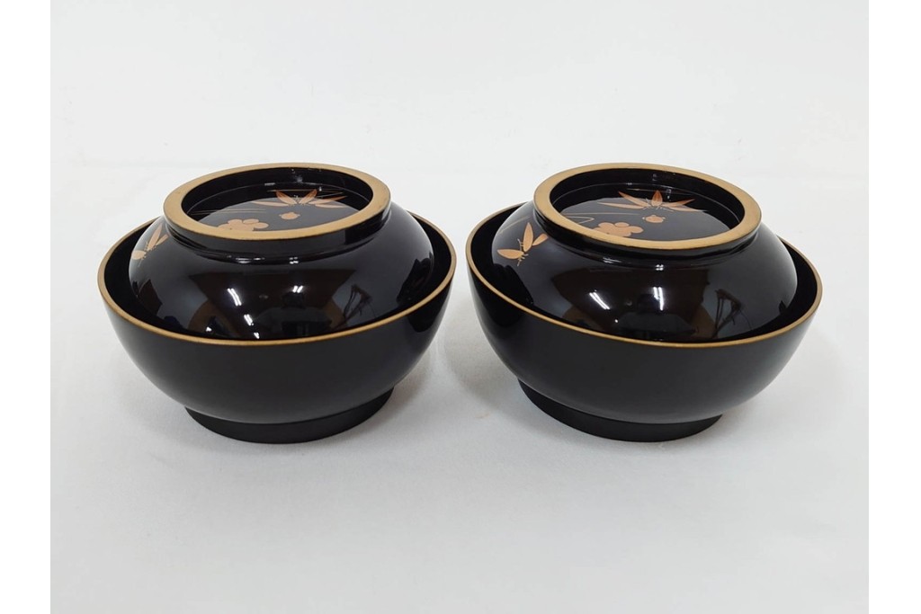 大正期　木製漆器　竹梅文・紅葉文　蒔絵が上品な菓子椀9点セット　外箱付き　(R-090420)