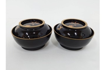 大正期　木製漆器　竹梅文・紅葉文　蒔絵が上品な菓子椀9点セット　外箱付き　(R-090420)