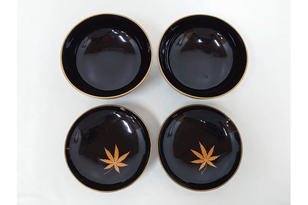 大正期　木製漆器　竹梅文・紅葉文　蒔絵が上品な菓子椀9点セット　外箱付き　(R-090420)