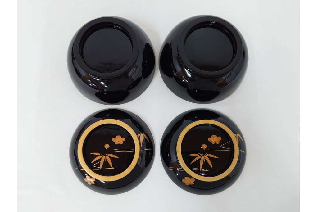 大正期　木製漆器　竹梅文・紅葉文　蒔絵が上品な菓子椀9点セット　外箱付き　(R-090420)