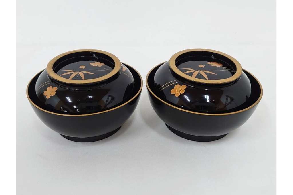 大正期　木製漆器　竹梅文・紅葉文　蒔絵が上品な菓子椀9点セット　外箱付き　(R-090420)