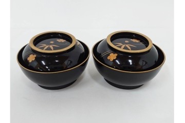 大正期　木製漆器　竹梅文・紅葉文　蒔絵が上品な菓子椀9点セット　外箱付き　(R-090420)