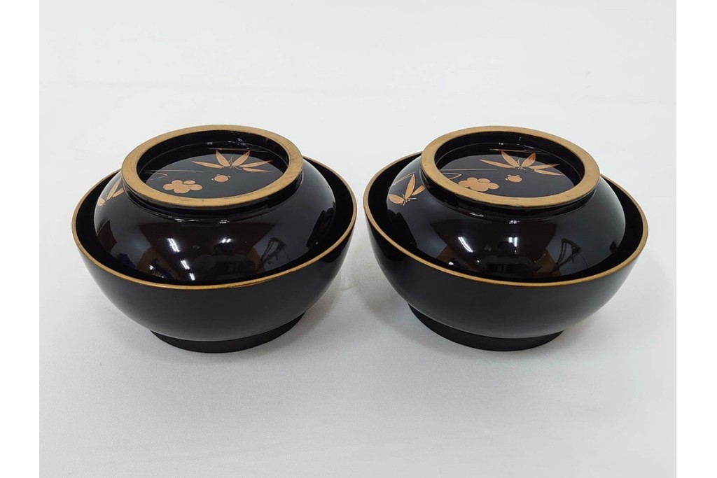 大正期　木製漆器　竹梅文・紅葉文　蒔絵が上品な菓子椀9点セット　外箱付き　(R-090420)