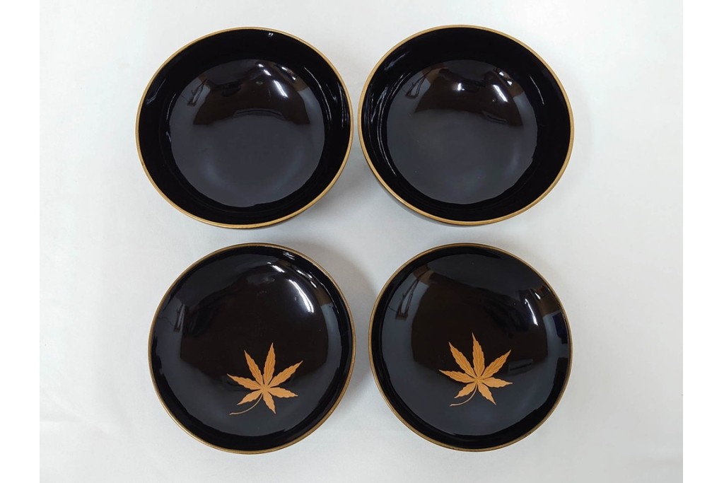 大正期　木製漆器　竹梅文・紅葉文　蒔絵が上品な菓子椀9点セット　外箱付き　(R-090420)