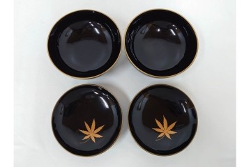 大正期　木製漆器　竹梅文・紅葉文　蒔絵が上品な菓子椀9点セット　外箱付き　(R-090420)