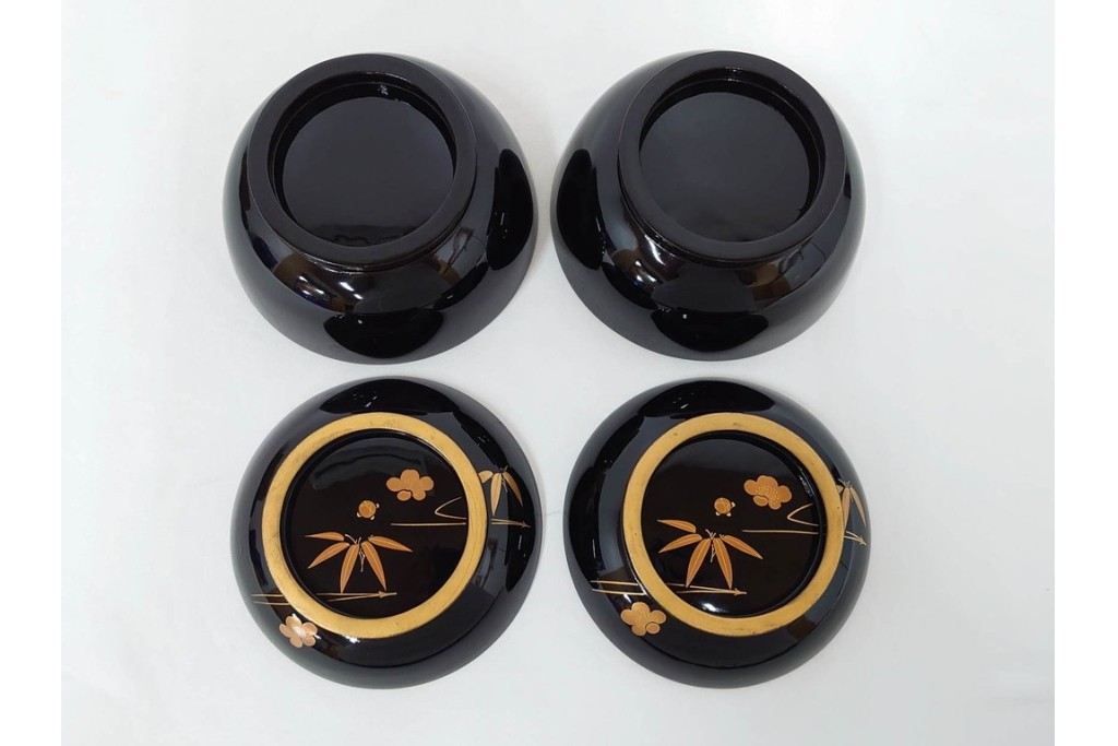 大正期　木製漆器　竹梅文・紅葉文　蒔絵が上品な菓子椀9点セット　外箱付き　(R-090420)