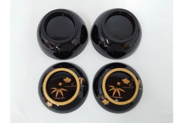 大正期　木製漆器　竹梅文・紅葉文　蒔絵が上品な菓子椀9点セット　外箱付き　(R-090420)
