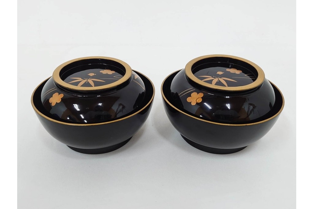 大正期　木製漆器　竹梅文・紅葉文　蒔絵が上品な菓子椀9点セット　外箱付き　(R-090420)
