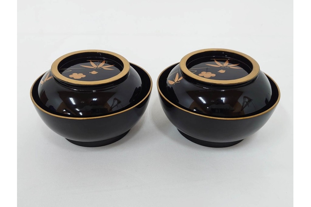 大正期　木製漆器　竹梅文・紅葉文　蒔絵が上品な菓子椀9点セット　外箱付き　(R-090420)