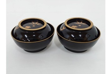 大正期　木製漆器　竹梅文・紅葉文　蒔絵が上品な菓子椀9点セット　外箱付き　(R-090420)