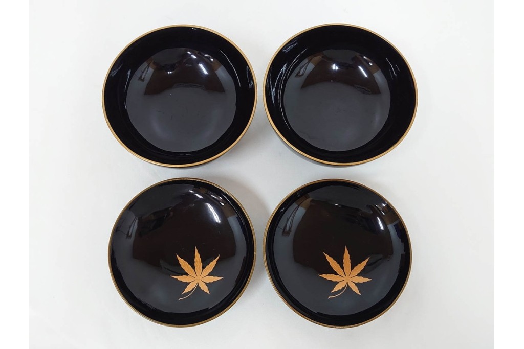 大正期　木製漆器　竹梅文・紅葉文　蒔絵が上品な菓子椀9点セット　外箱付き　(R-090420)