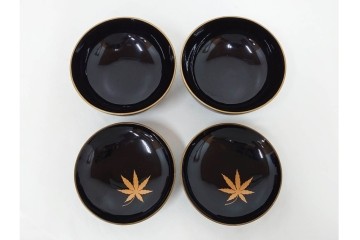 大正期　木製漆器　竹梅文・紅葉文　蒔絵が上品な菓子椀9点セット　外箱付き　(R-090420)