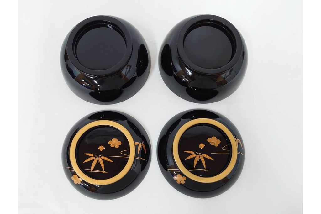 大正期　木製漆器　竹梅文・紅葉文　蒔絵が上品な菓子椀9点セット　外箱付き　(R-090420)