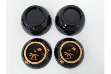 大正期　木製漆器　竹梅文・紅葉文　蒔絵が上品な菓子椀9点セット　外箱付き　(R-090420)