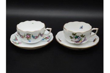 ハンガリー　HEREND(ヘレンド)　リヒテンシュタインブーケ　ロスチャイルド・バード　上品なティーカップ&ソーサー2客セット　(R-090432)