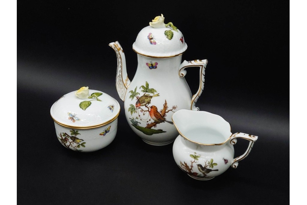 ハンガリー　HEREND(ヘレンド)　ロスチャイルド・バード　上品なコーヒーポット・シュガーポット・クリーマーの3点セット　(R-090434)