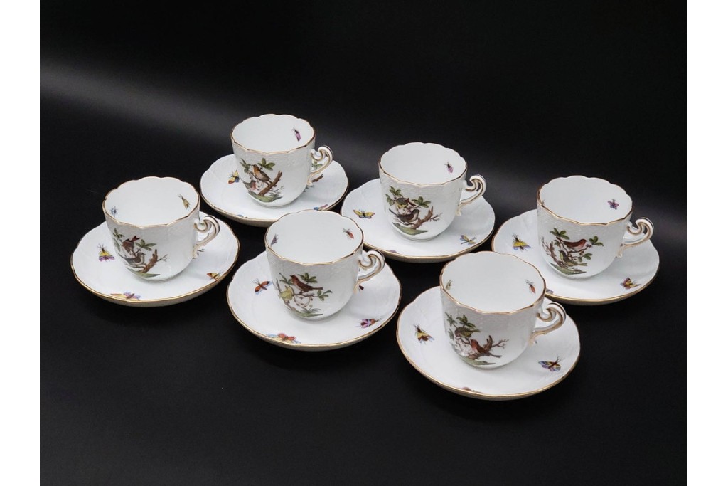 ハンガリー　HEREND(ヘレンド)　ロスチャイルド・バード　上品なコーヒーカップ&ソーサー6客セット　(R-090435)