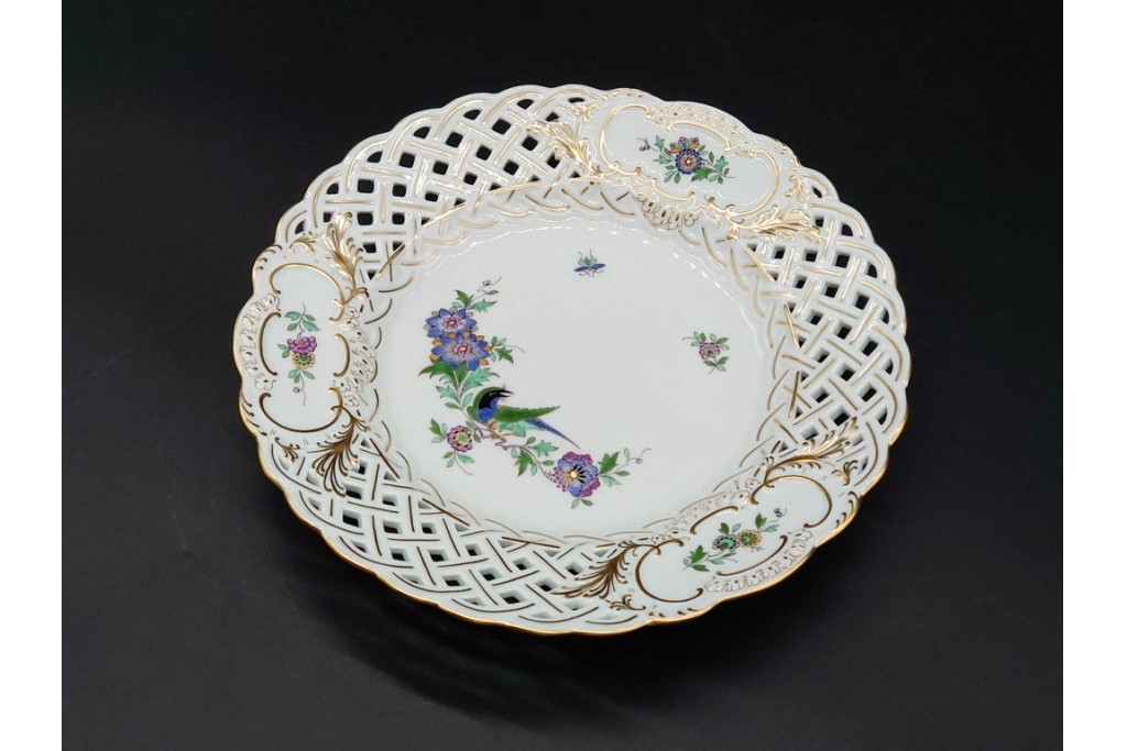 ドイツ製　Meissen(マイセン)　金彩　鳥文・花文　気品漂うメッシュプレート　(R-090437)