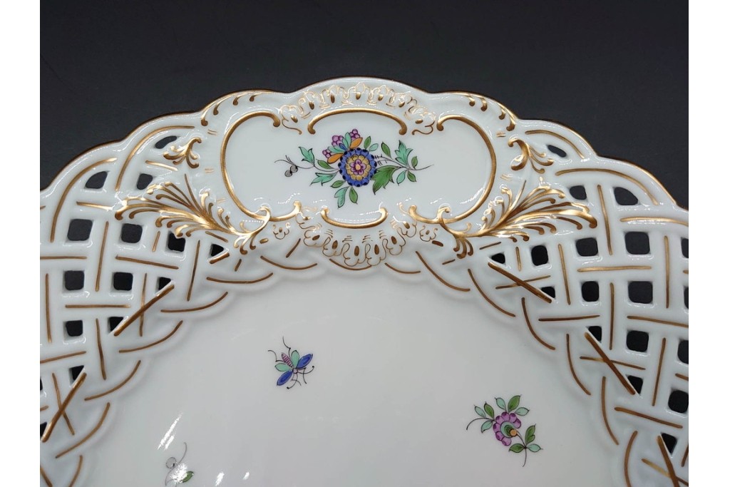 ドイツ製　Meissen(マイセン)　金彩　鳥文・花文　気品漂うメッシュプレート　(R-090437)