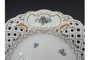 ドイツ製　Meissen(マイセン)　金彩　鳥文・花文　気品漂うメッシュプレート　(R-090437)