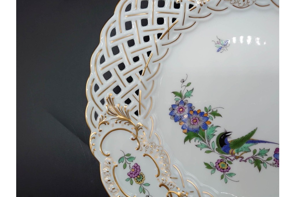 ドイツ製　Meissen(マイセン)　金彩　鳥文・花文　気品漂うメッシュプレート　(R-090437)