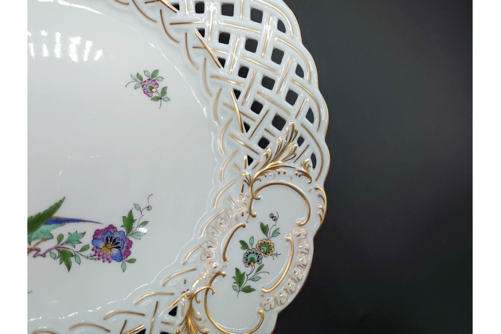 ドイツ製　Meissen(マイセン)　金彩　鳥文・花文　気品漂うメッシュプレート　(R-090437)