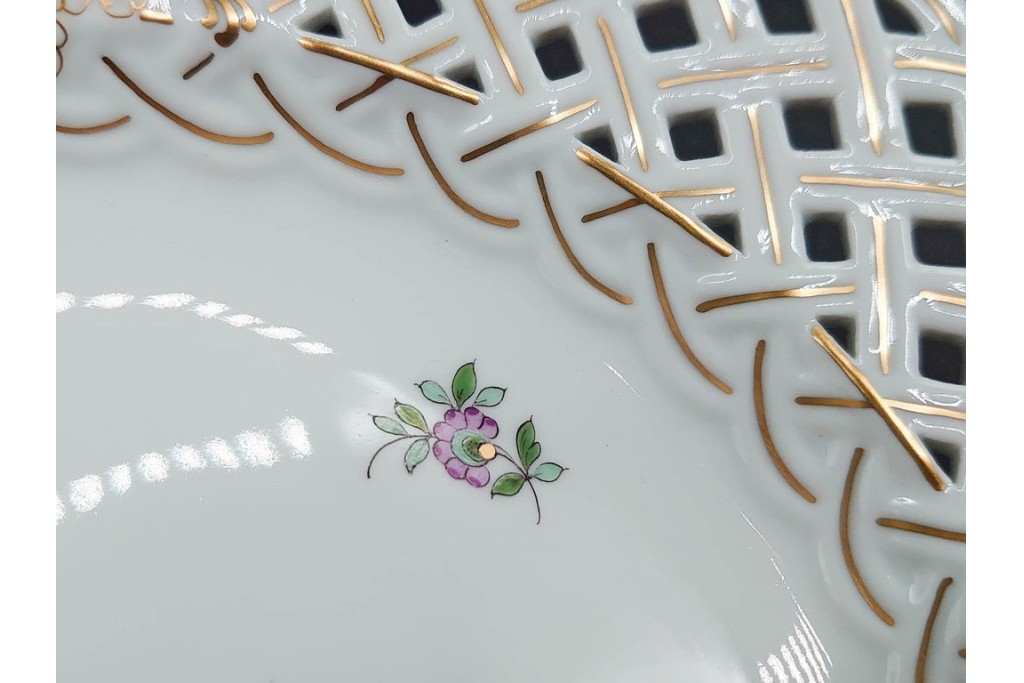 ドイツ製　Meissen(マイセン)　金彩　鳥文・花文　気品漂うメッシュプレート　(R-090437)