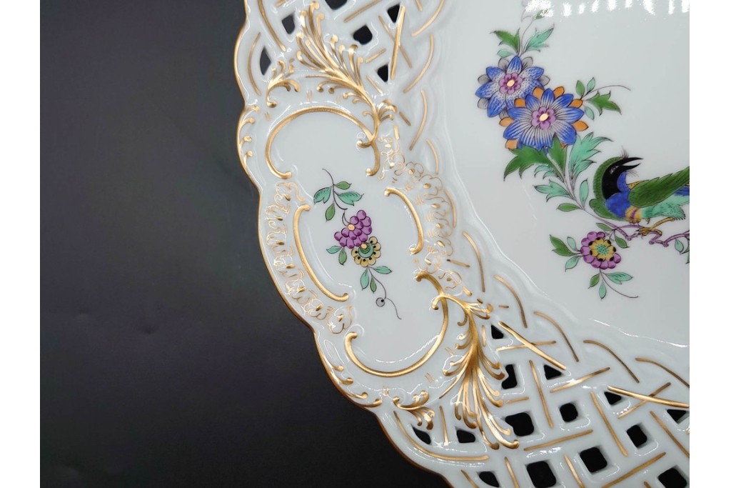 ドイツ製　Meissen(マイセン)　金彩　鳥文・花文　気品漂うメッシュプレート　(R-090437)
