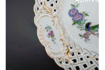 ドイツ製　Meissen(マイセン)　金彩　鳥文・花文　気品漂うメッシュプレート　(R-090437)