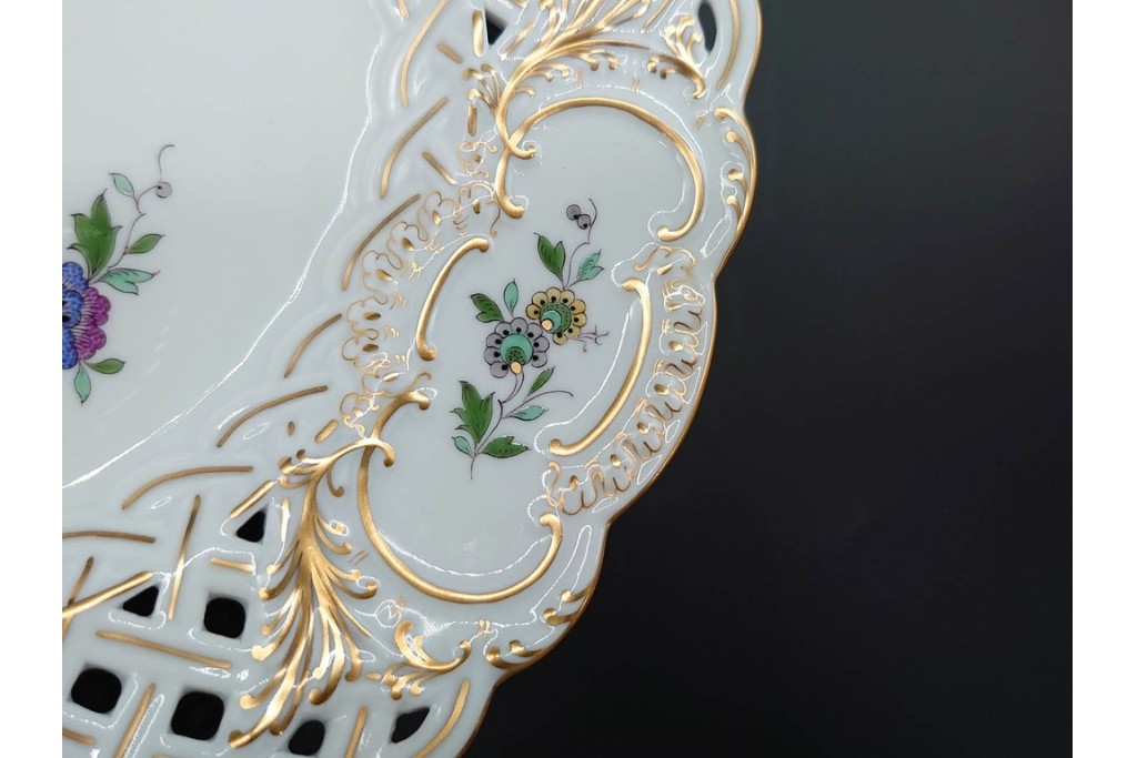 ドイツ製　Meissen(マイセン)　金彩　鳥文・花文　気品漂うメッシュプレート　(R-090437)