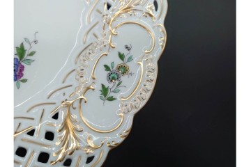 ドイツ製　Meissen(マイセン)　金彩　鳥文・花文　気品漂うメッシュプレート　(R-090437)