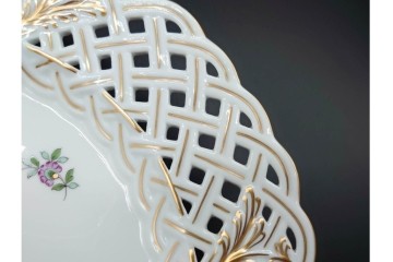 ドイツ製　Meissen(マイセン)　金彩　鳥文・花文　気品漂うメッシュプレート　(R-090437)