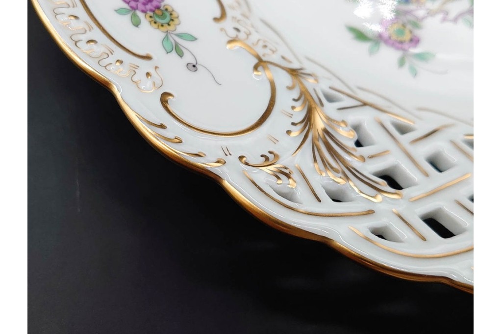 ドイツ製　Meissen(マイセン)　金彩　鳥文・花文　気品漂うメッシュプレート　(R-090437)