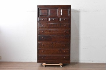 中古　松本民芸家具　直線的な意匠と美しい杢目が魅力のD型和タンス　(R-090467)