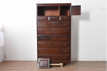 中古　松本民芸家具　直線的な意匠と美しい杢目が魅力のD型和タンス　(R-090467)