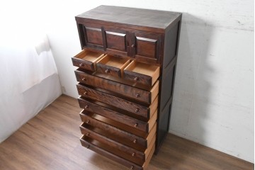 中古　松本民芸家具　直線的な意匠と美しい杢目が魅力のD型和タンス　(R-090467)