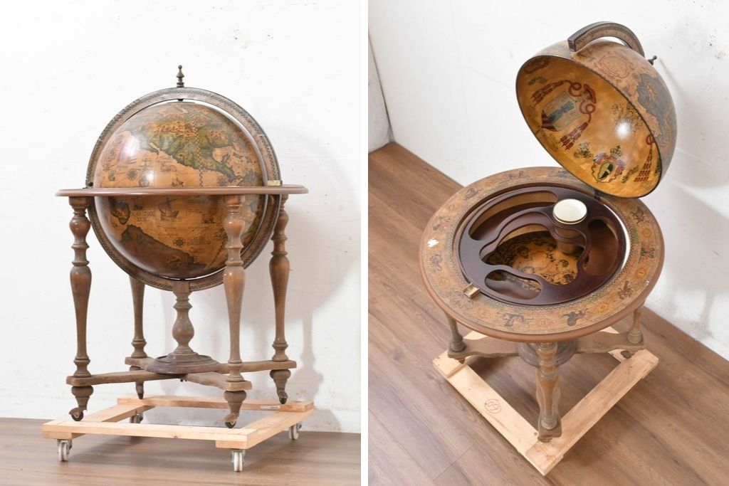 イタリアヴィンテージ　1970年頃　古地図が描かれたクラシカルな地球儀型ドリンクキャビネット　(R-090478)