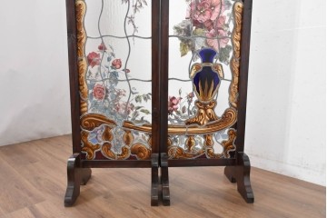 イギリスアンティーク　1930年頃　エナメル絵付け　花や鳥を描いた華やかなステンドグラス入り衝立2枚(1対)セット　(R-090501)