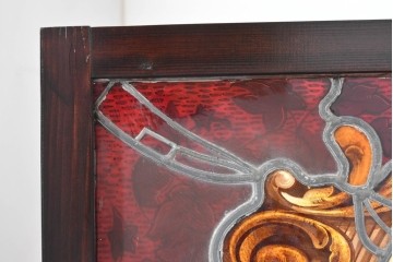 イギリスアンティーク　1930年頃　エナメル絵付け　花や鳥を描いた華やかなステンドグラス入り衝立2枚(1対)セット　(R-090501)