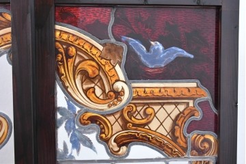イギリスアンティーク　1930年頃　エナメル絵付け　花や鳥を描いた華やかなステンドグラス入り衝立2枚(1対)セット　(R-090501)