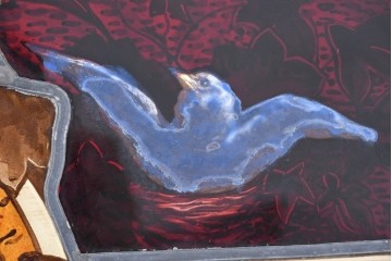 イギリスアンティーク　1930年頃　エナメル絵付け　花や鳥を描いた華やかなステンドグラス入り衝立2枚(1対)セット　(R-090501)