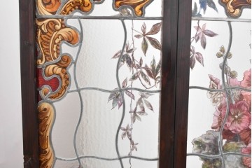 イギリスアンティーク　1930年頃　エナメル絵付け　花や鳥を描いた華やかなステンドグラス入り衝立2枚(1対)セット　(R-090501)