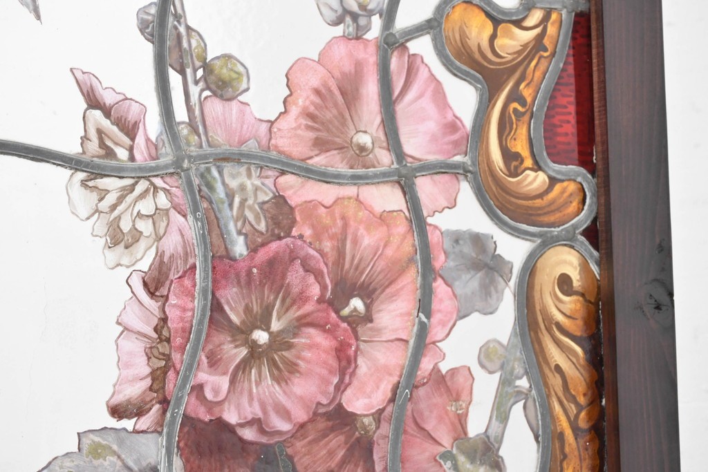 イギリスアンティーク　1930年頃　エナメル絵付け　花や鳥を描いた華やかなステンドグラス入り衝立2枚(1対)セット　(R-090501)