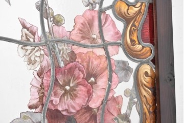 イギリスアンティーク　1930年頃　エナメル絵付け　花や鳥を描いた華やかなステンドグラス入り衝立2枚(1対)セット　(R-090501)