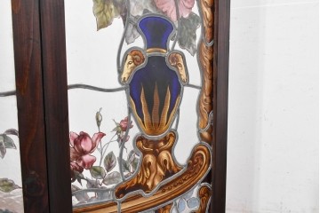 イギリスアンティーク　1930年頃　エナメル絵付け　花や鳥を描いた華やかなステンドグラス入り衝立2枚(1対)セット　(R-090501)