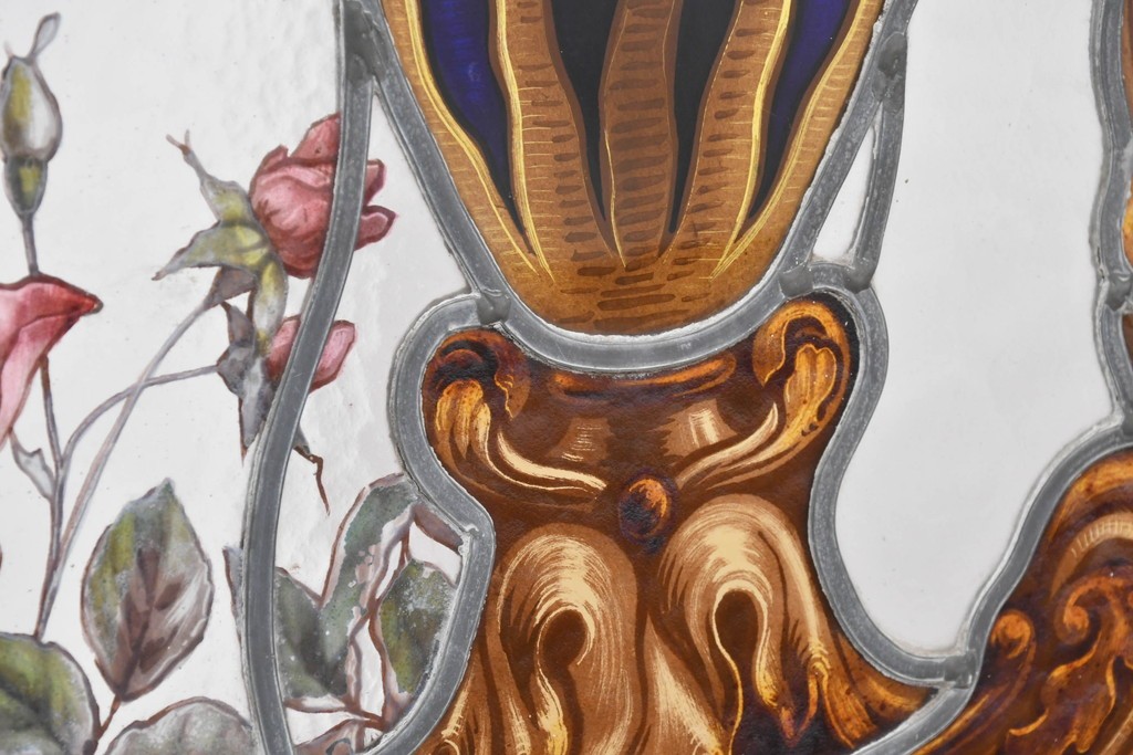 イギリスアンティーク　1930年頃　エナメル絵付け　花や鳥を描いた華やかなステンドグラス入り衝立2枚(1対)セット　(R-090501)
