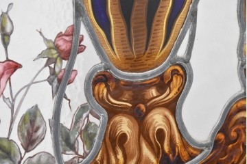 イギリスアンティーク　1930年頃　エナメル絵付け　花や鳥を描いた華やかなステンドグラス入り衝立2枚(1対)セット　(R-090501)