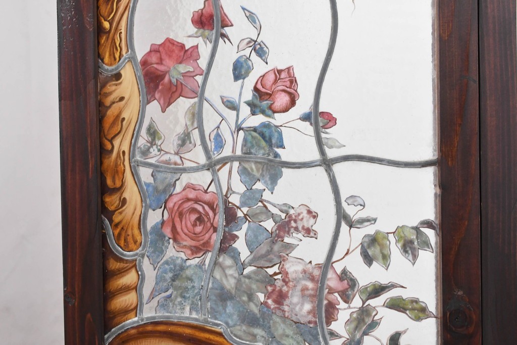 イギリスアンティーク　1930年頃　エナメル絵付け　花や鳥を描いた華やかなステンドグラス入り衝立2枚(1対)セット　(R-090501)